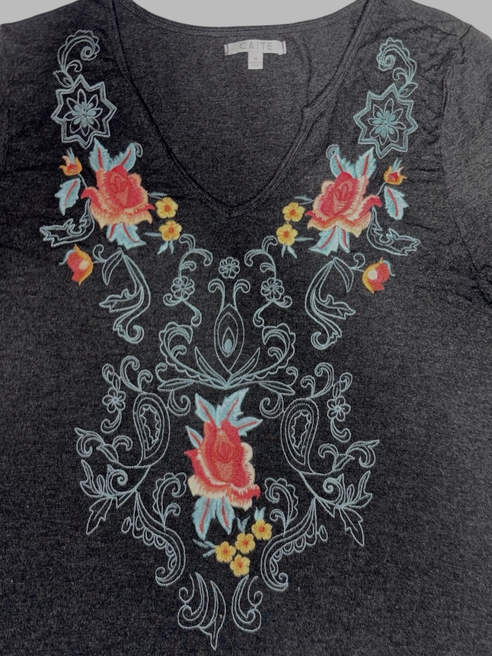 Caite Embroidered Floral Bohemian Charcoal Grey Tunic Stretch Tunic Top